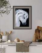 Kitchen wall decorated with a white horse giclée art print