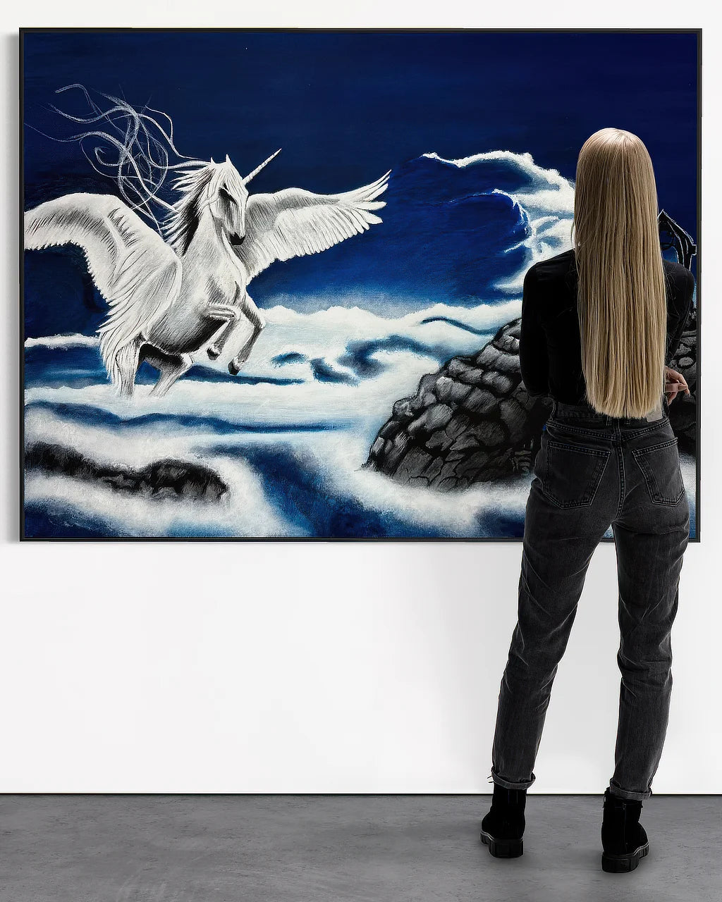 Olivia admiring The Unknown isn't Empty
 Whispering Room Originals art print framed (54x72 inches), landscape art in gallery.