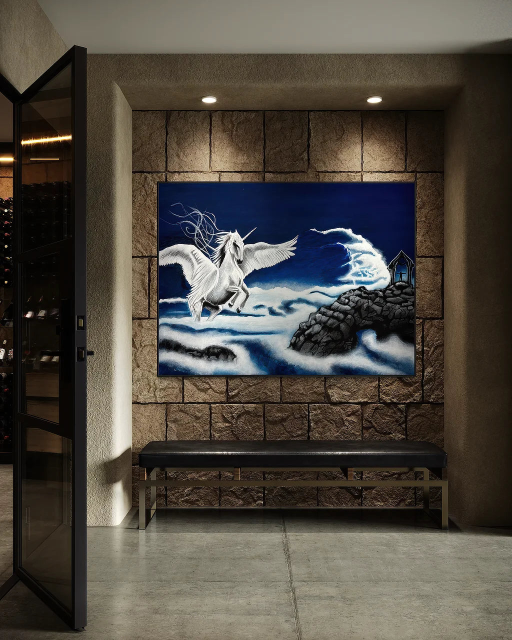 The Unknown isn't Empty Whispering Room Originals art print in black floating frame (54x72 inches), in modern basement.