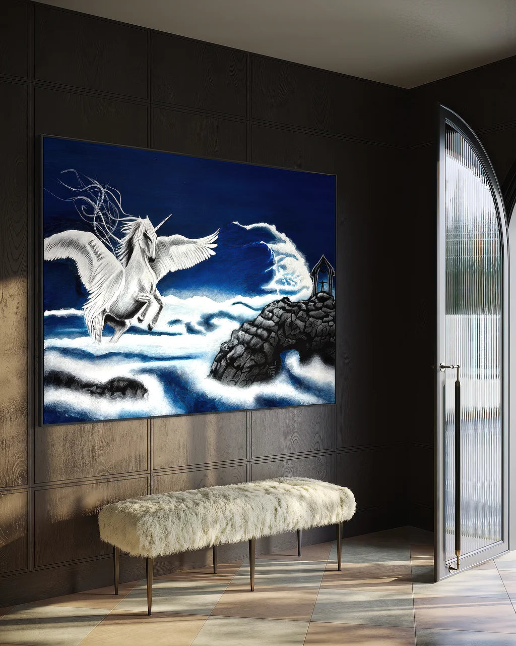 The Unknown isn't Empty Whispering Room Originals art print in black floating frame (54x72 inches), in law office reception. 