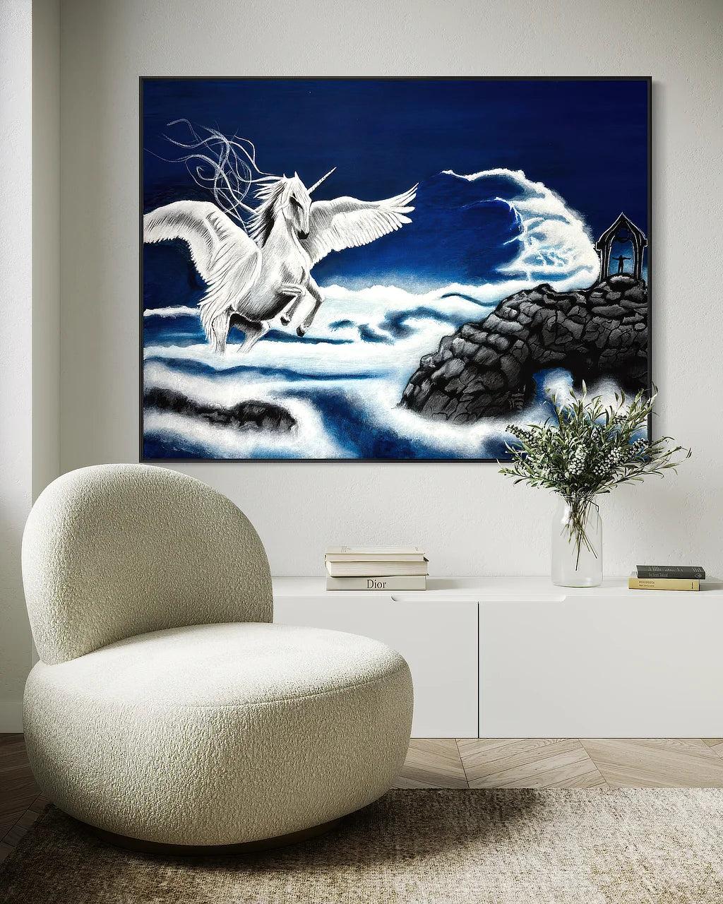 The Unknown isn't Empty Whispering Room Originals canvas art print (45x60 inch), above modern console table and chair.